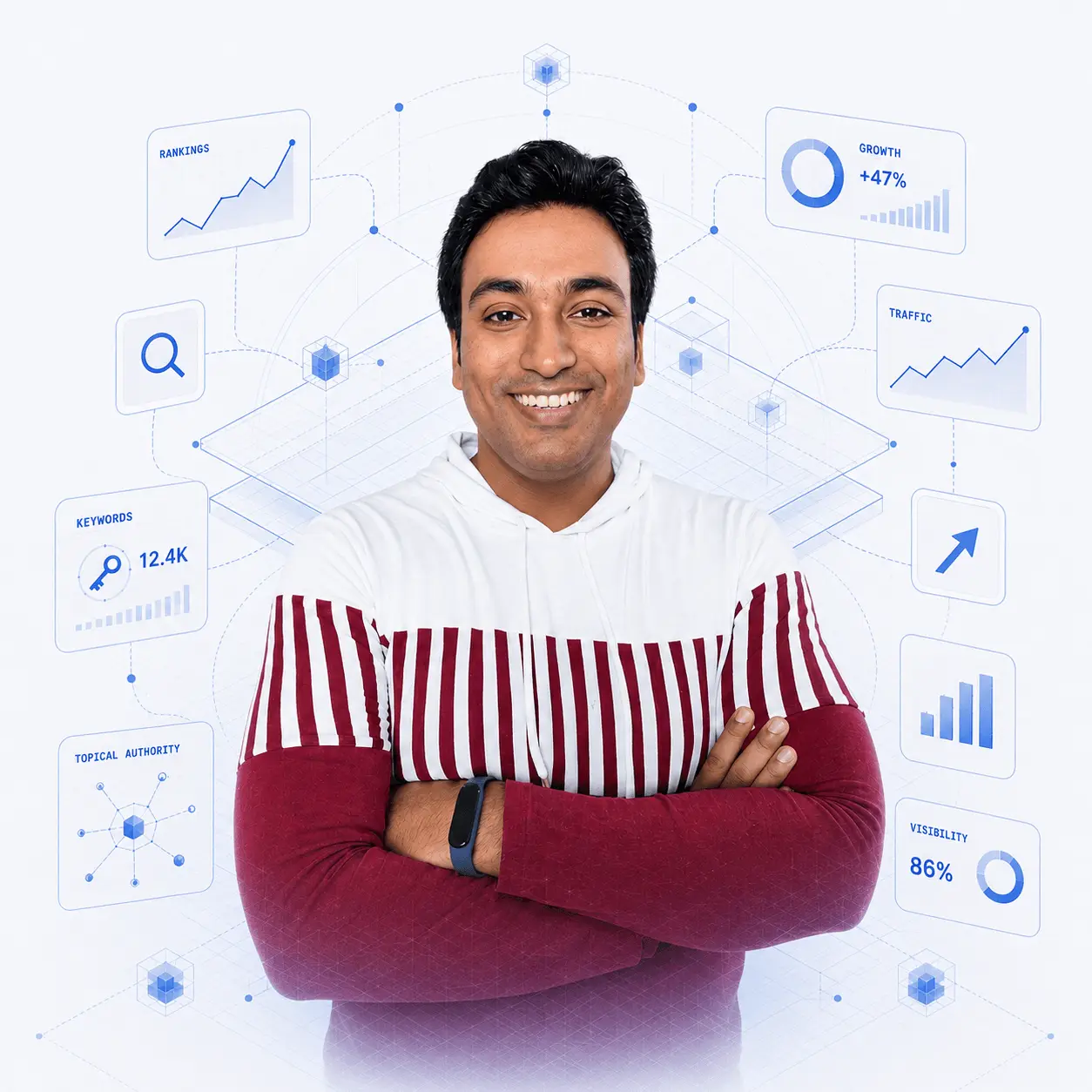 Alston Antony, founder of Maxinium, an SEO company in Sri Lanka, with illustrated dashboards for search rankings, keywords, traffic and visibility