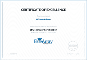 BlueArray SEO Manager Certificate Alston Antony