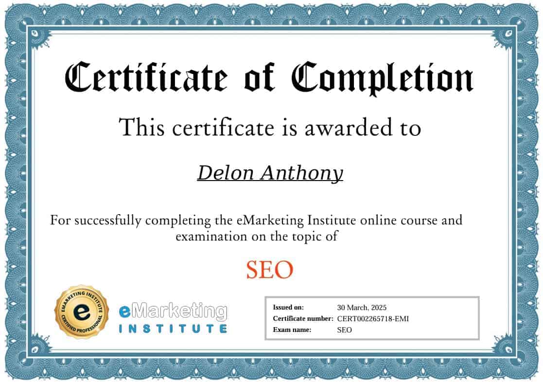 eMarketing Institute SEO Certificate Alston Antony