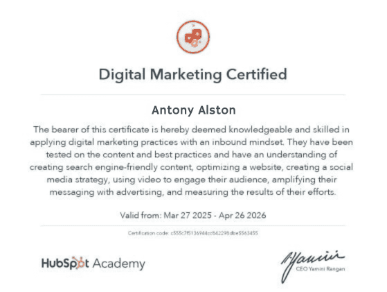 HubSpot Digital Marketing Certified Alston Antony