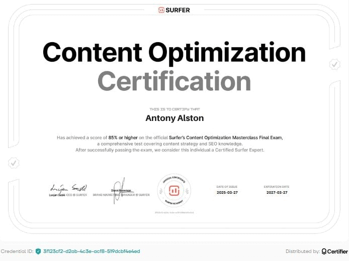 Surfer SEO - Content Optimization Certificate Alston Antony